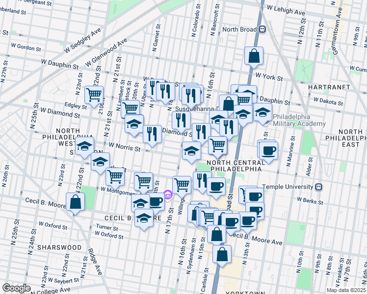 map of restaurants, bars, coffee shops, grocery stores, and more near 2025 North 17th Street in Philadelphia