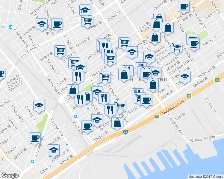 map of restaurants, bars, coffee shops, grocery stores, and more near 2571 East Elkhart Street in Philadelphia