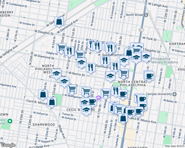 map of restaurants, bars, coffee shops, grocery stores, and more near 2014 North Cleveland Street in Philadelphia