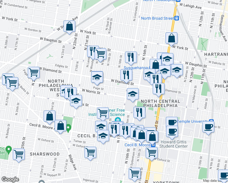 map of restaurants, bars, coffee shops, grocery stores, and more near 2016 North 18th Street in Philadelphia
