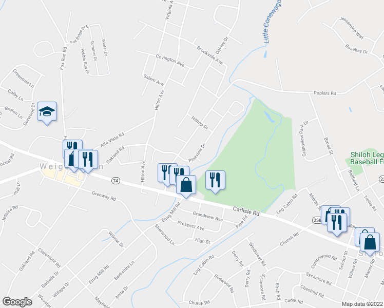 map of restaurants, bars, coffee shops, grocery stores, and more near 2017 Pineview Drive in York