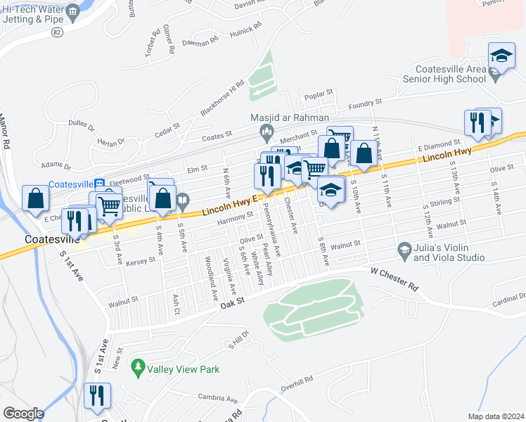 map of restaurants, bars, coffee shops, grocery stores, and more near 640 Harmony Street in Coatesville