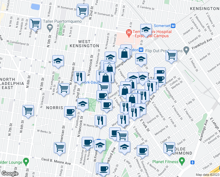 map of restaurants, bars, coffee shops, grocery stores, and more near 1911 East Dauphin Street in Philadelphia