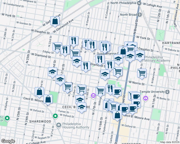 map of restaurants, bars, coffee shops, grocery stores, and more near 2016 North 18th Street in Philadelphia