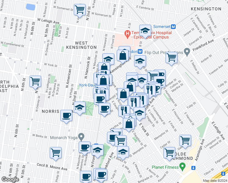 map of restaurants, bars, coffee shops, grocery stores, and more near 1931 East Arizona Street in Philadelphia