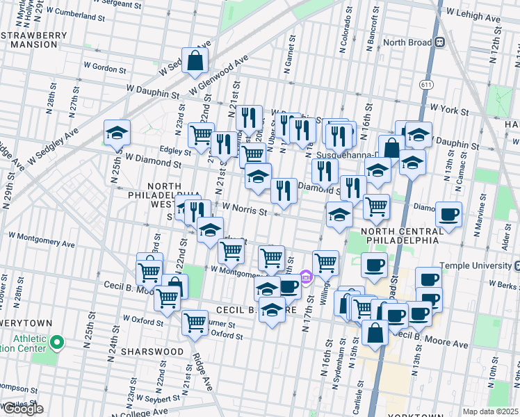 map of restaurants, bars, coffee shops, grocery stores, and more near 1925 West Norris Street in Philadelphia