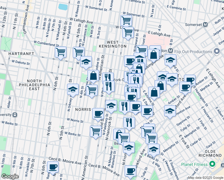 map of restaurants, bars, coffee shops, grocery stores, and more near 2231 Palethorp Street in Philadelphia
