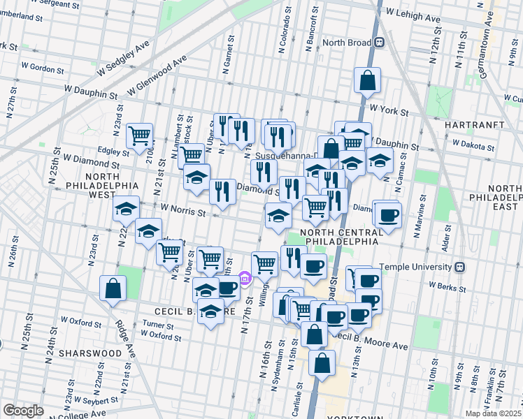 map of restaurants, bars, coffee shops, grocery stores, and more near 2018 North 17th Street in Philadelphia