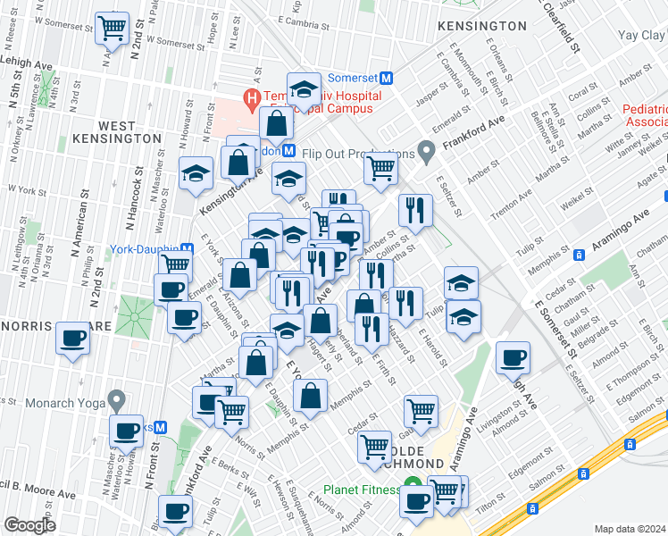 map of restaurants, bars, coffee shops, grocery stores, and more near 2532 Amber Street in Philadelphia