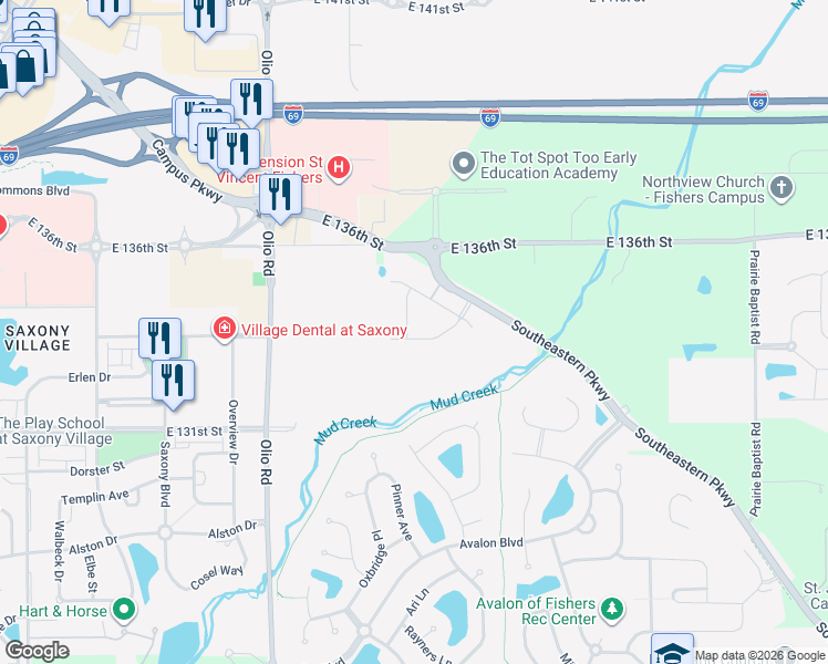 map of restaurants, bars, coffee shops, grocery stores, and more near 13437 Dewpoint Lane in Fishers