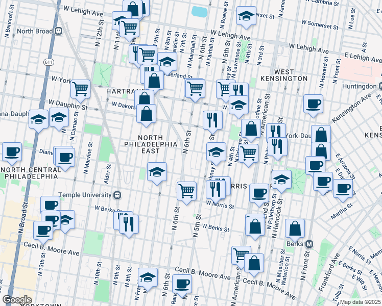 map of restaurants, bars, coffee shops, grocery stores, and more near 532 West Susquehanna Avenue in Philadelphia