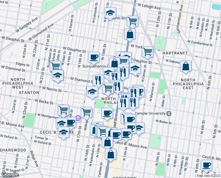 map of restaurants, bars, coffee shops, grocery stores, and more near 2045 North 15th Street in Philadelphia