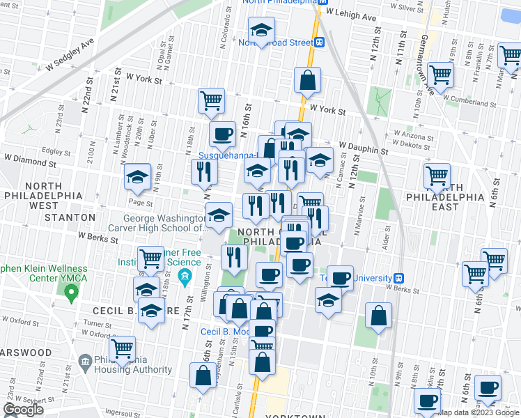 map of restaurants, bars, coffee shops, grocery stores, and more near 2045 North 15th Street in Philadelphia