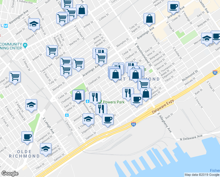 map of restaurants, bars, coffee shops, grocery stores, and more near 3055 Belgrade Street in Philadelphia