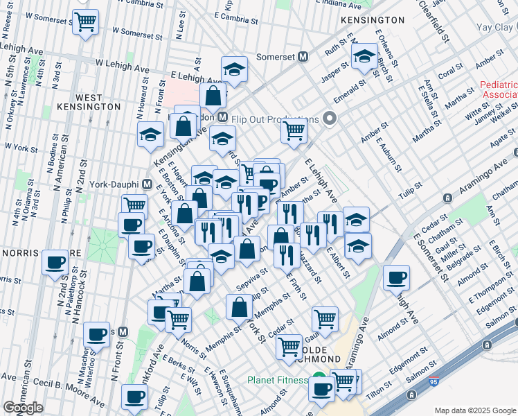 map of restaurants, bars, coffee shops, grocery stores, and more near 2534 Amber Street in Philadelphia