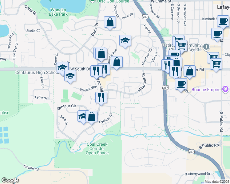 map of restaurants, bars, coffee shops, grocery stores, and more near 1410 Bacchus Drive in Lafayette