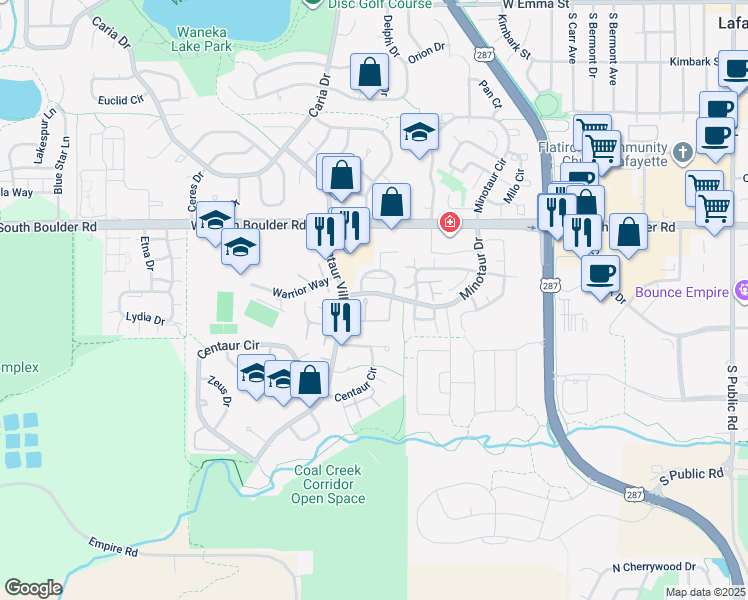 map of restaurants, bars, coffee shops, grocery stores, and more near 1145 Bacchus Drive in Lafayette