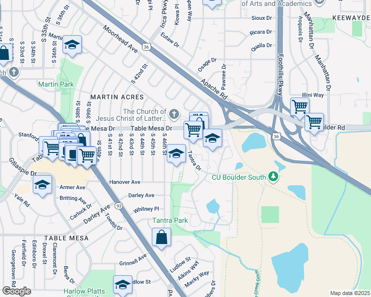 map of restaurants, bars, coffee shops, grocery stores, and more near 685 Tantra Drive in Boulder