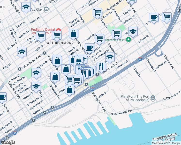 map of restaurants, bars, coffee shops, grocery stores, and more near 2719 East Madison Street in Philadelphia