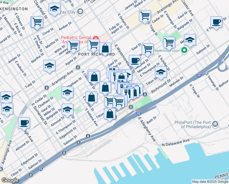map of restaurants, bars, coffee shops, grocery stores, and more near 3168 East Thompson Street in Philadelphia