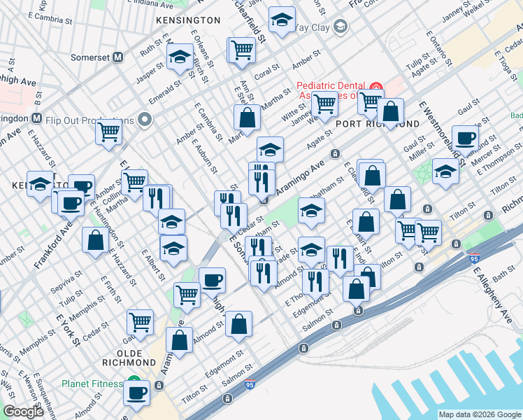 map of restaurants, bars, coffee shops, grocery stores, and more near 2848 Cedar Street in Philadelphia