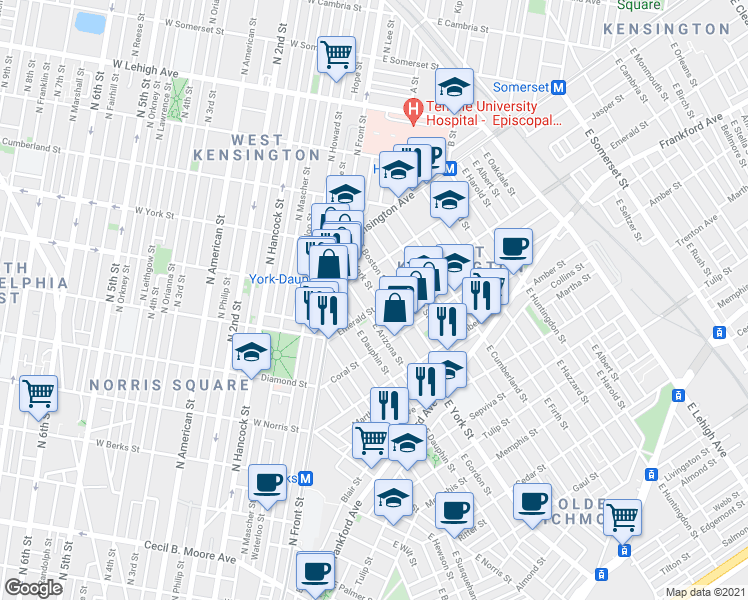 map of restaurants, bars, coffee shops, grocery stores, and more near 2001 East Arizona Street in Philadelphia