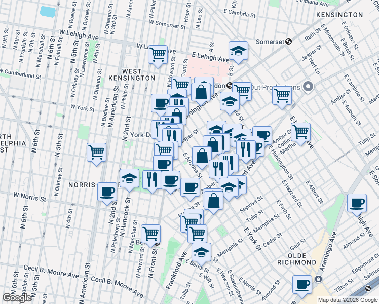 map of restaurants, bars, coffee shops, grocery stores, and more near 2001 East Arizona Street in Philadelphia