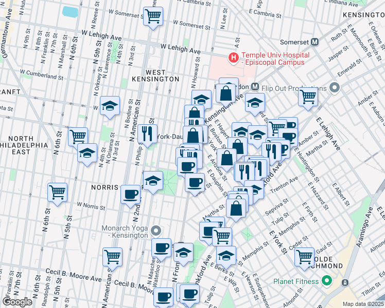map of restaurants, bars, coffee shops, grocery stores, and more near 1918 East Dauphin Street in Philadelphia