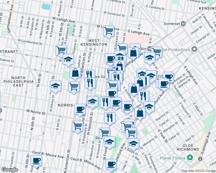 map of restaurants, bars, coffee shops, grocery stores, and more near 2222 North Howard Street in Philadelphia