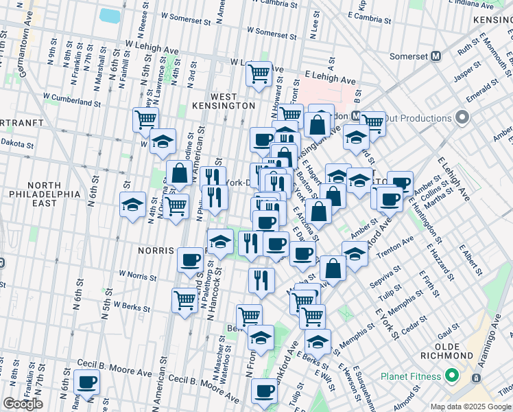 map of restaurants, bars, coffee shops, grocery stores, and more near 2246 North Howard Street in Philadelphia