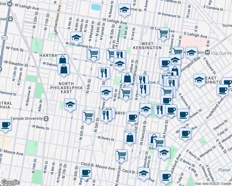 map of restaurants, bars, coffee shops, grocery stores, and more near 310 West Susquehanna Avenue in Philadelphia