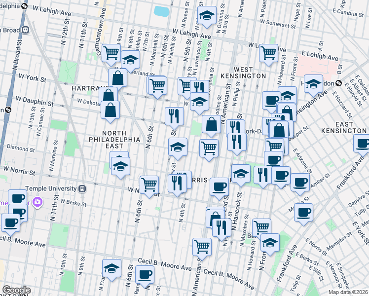 map of restaurants, bars, coffee shops, grocery stores, and more near 2149 North Lawrence Street in Philadelphia