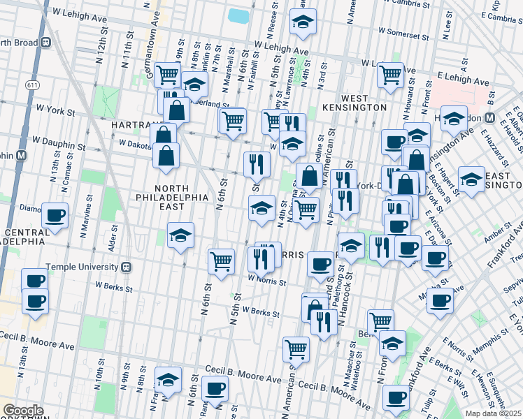 map of restaurants, bars, coffee shops, grocery stores, and more near 2149 North Lawrence Street in Philadelphia