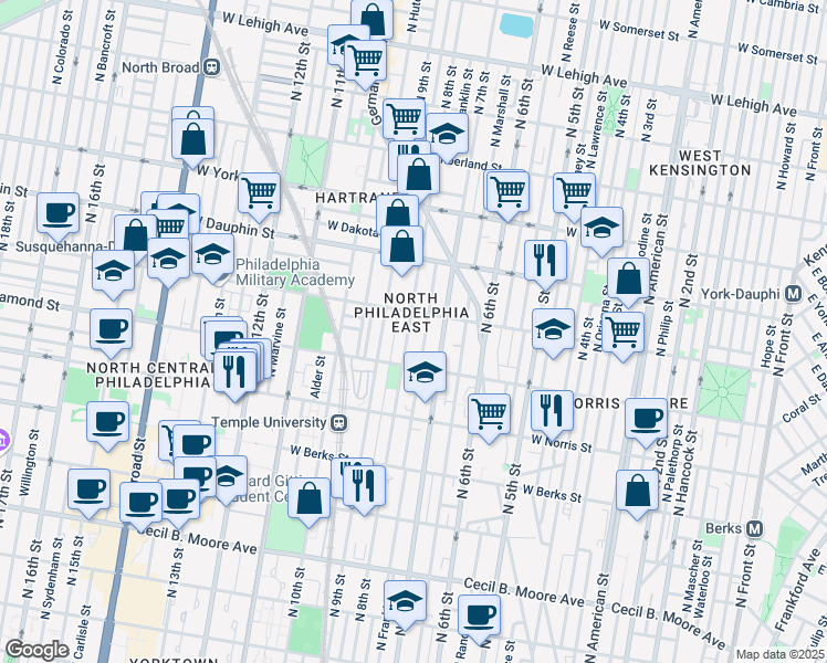 map of restaurants, bars, coffee shops, grocery stores, and more near 2123 North 8th Street in Philadelphia