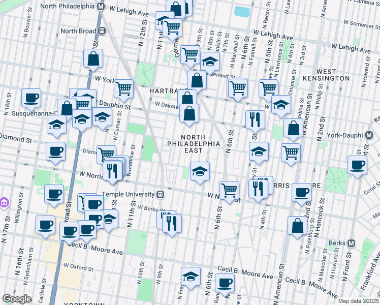 map of restaurants, bars, coffee shops, grocery stores, and more near 2123 North 8th Street in Philadelphia