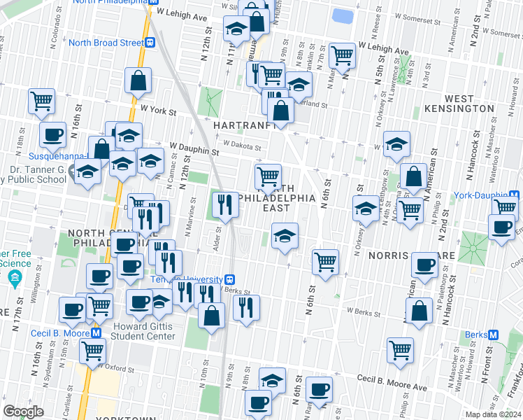 map of restaurants, bars, coffee shops, grocery stores, and more near 2123 North 8th Street in Philadelphia