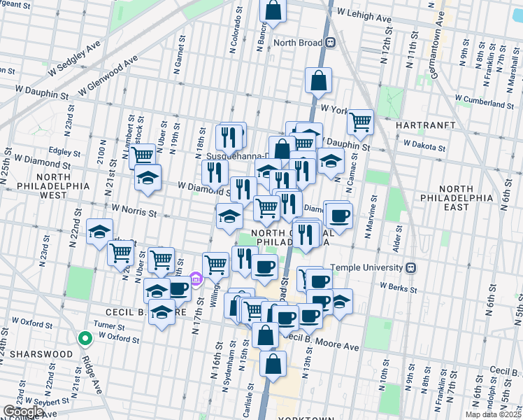 map of restaurants, bars, coffee shops, grocery stores, and more near 1513 Fontain Street in Philadelphia