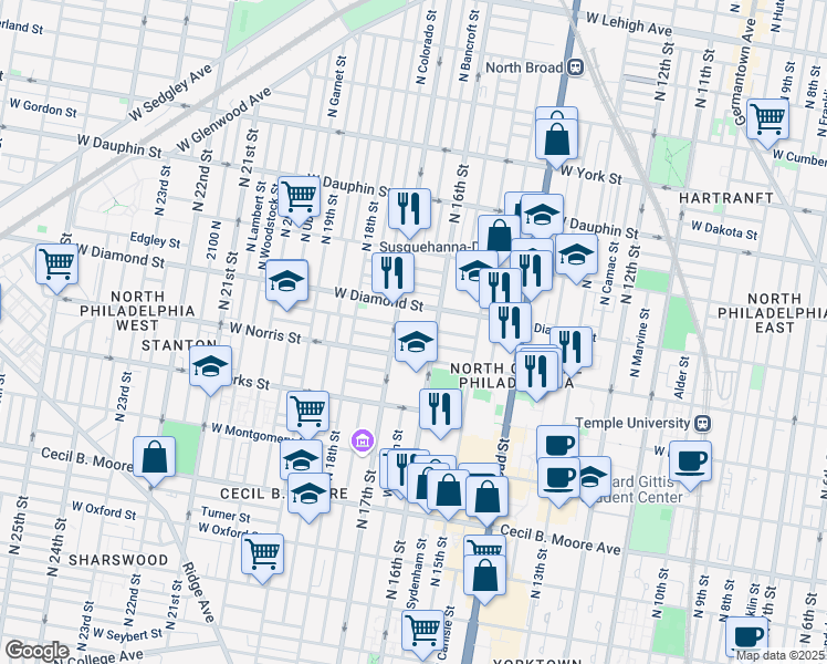 map of restaurants, bars, coffee shops, grocery stores, and more near 1602 Page Street in Philadelphia