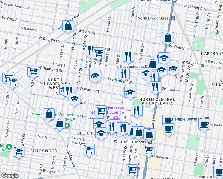 map of restaurants, bars, coffee shops, grocery stores, and more near in Philadelphia