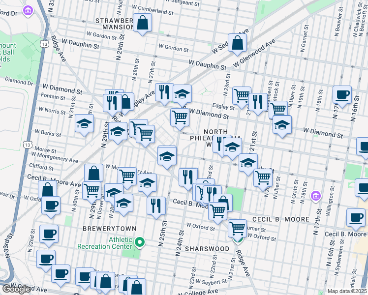 map of restaurants, bars, coffee shops, grocery stores, and more near 1902 North Ringgold Street in Philadelphia