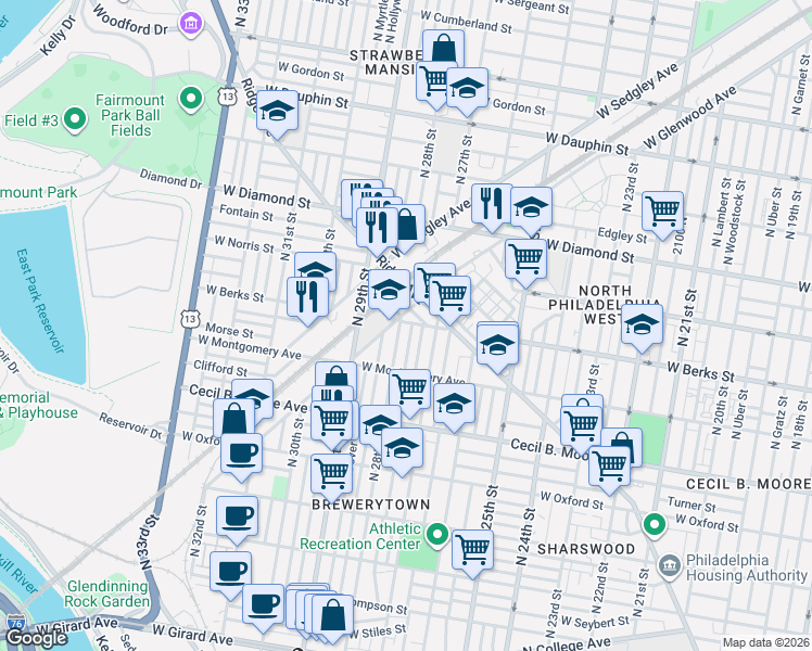 map of restaurants, bars, coffee shops, grocery stores, and more near 1838 North 28th Street in Philadelphia