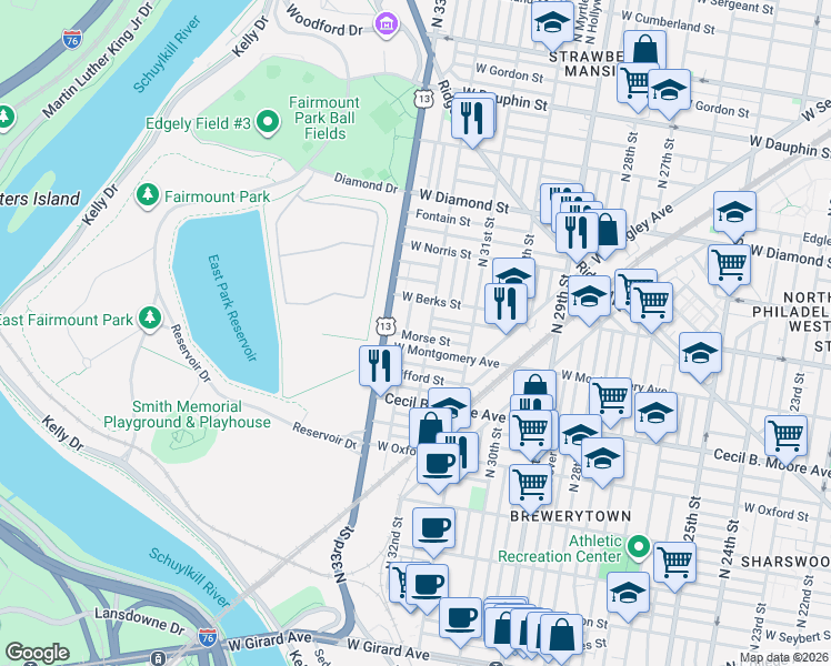 map of restaurants, bars, coffee shops, grocery stores, and more near in Philadelphia