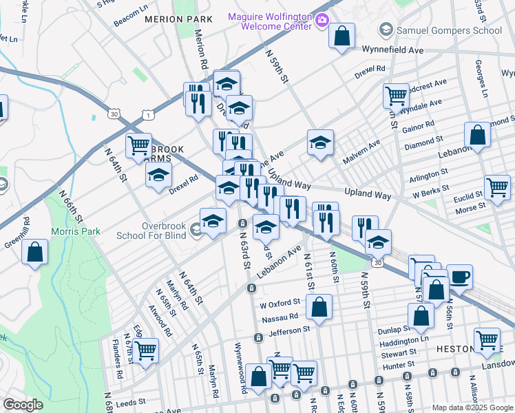 map of restaurants, bars, coffee shops, grocery stores, and more near 6210 Malvern Avenue in Philadelphia