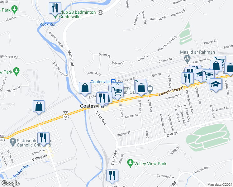 map of restaurants, bars, coffee shops, grocery stores, and more near 251 Lincoln Highway East in Coatesville