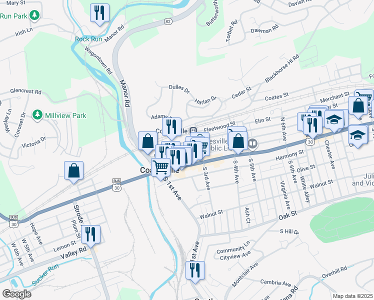 map of restaurants, bars, coffee shops, grocery stores, and more near 15 North 2nd Avenue in Coatesville