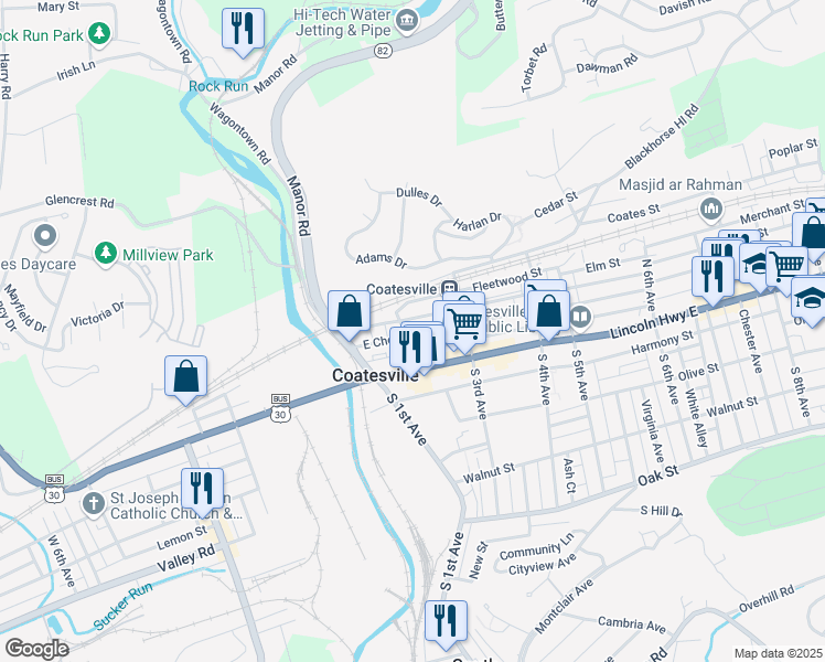 map of restaurants, bars, coffee shops, grocery stores, and more near 15 North 2nd Avenue in Coatesville