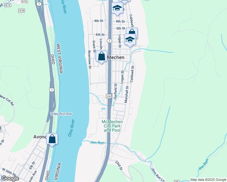 map of restaurants, bars, coffee shops, grocery stores, and more near Baltimore St in McMechen