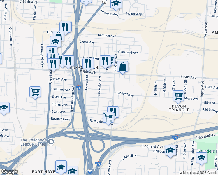 map of restaurants, bars, coffee shops, grocery stores, and more near 931 Saint Clair Avenue in Columbus