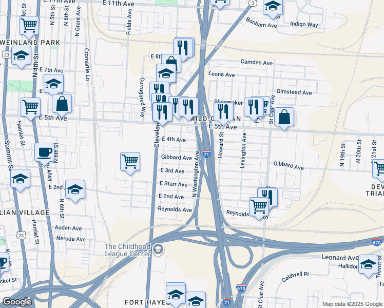 map of restaurants, bars, coffee shops, grocery stores, and more near 705 Gibbard Avenue in Columbus
