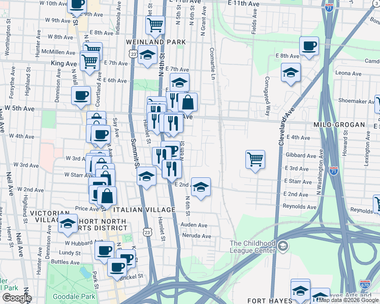 map of restaurants, bars, coffee shops, grocery stores, and more near 1019 East Alley in Columbus
